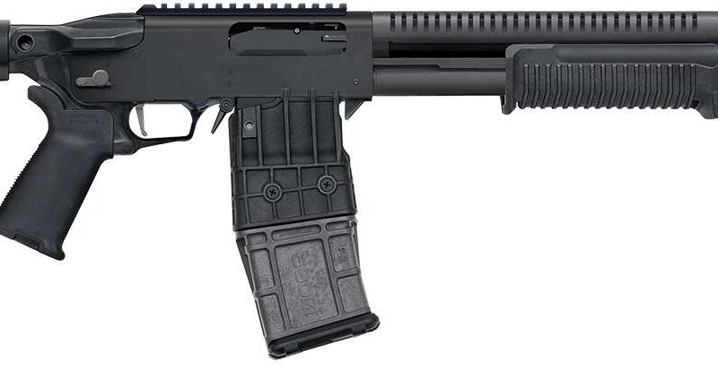 MOSSBERG 590RM TACTICAL MAG FED 12G SHOTGUN 18.5" BREACHER BBL, MAGPUL FOLDING SIGHTS, 10+1