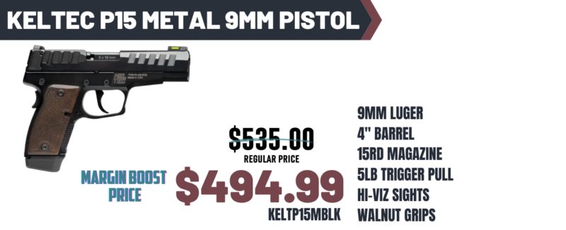 KELTEC P15 9MM PSTL BLK NITRDE, WALNUT GRIP 15RD