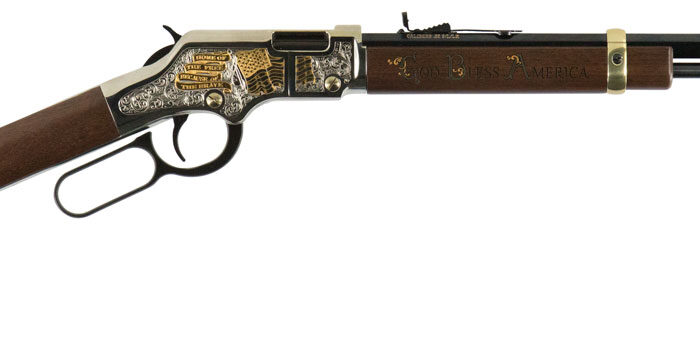 Henry H004GBA Golden Boy God Bless America Edition 22 Short Caliber with 16 LR/21 Short Capacity, 20" Octagon Barrel, Nickel-Plated Metal Finish & American Walnut Stock Right Hand