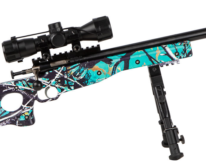 Crickett KSA2149 Precision Package 22 LR Caliber with 1rd Capacity, 16.12" Barrel, Blued Metal Finish & Fixed Thumbhole Muddy Girl Serenity Synthetic Stock Right Hand (Youth) Includes Scope & Bipod