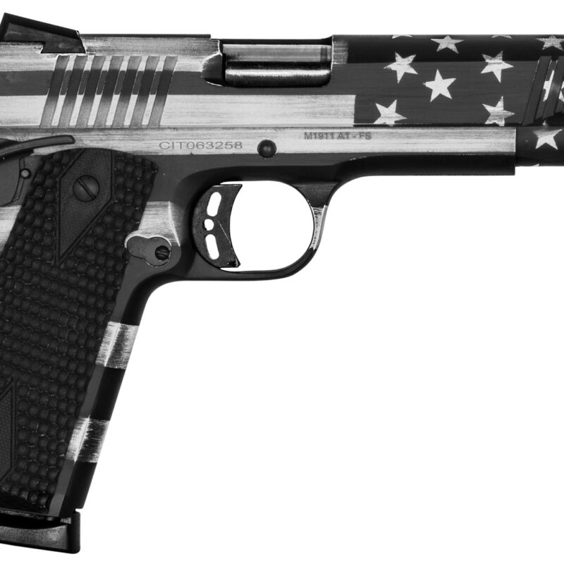 Citadel CITC45FSPUSG M1911 Flag 45 ACP 8+1, 5" Stainless Steel Barrel, American Flag Gray Cerakote Serrated Steel Slide, Frame w/Beavertail, Features Matching Ammo Can, Ambidextrous
