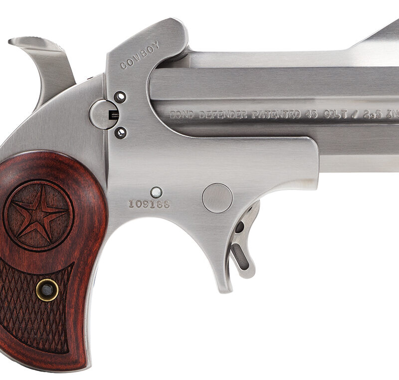 Bond Arms BACD Cowboy Defender 45 Colt (LC)/410 Gauge 2rd 3" Barrel, Stainless Metal Finish, Blade Front/Fixed Rear Sights, Laminated Rosewood Grip, No Trigger Guard, Manual Safety
