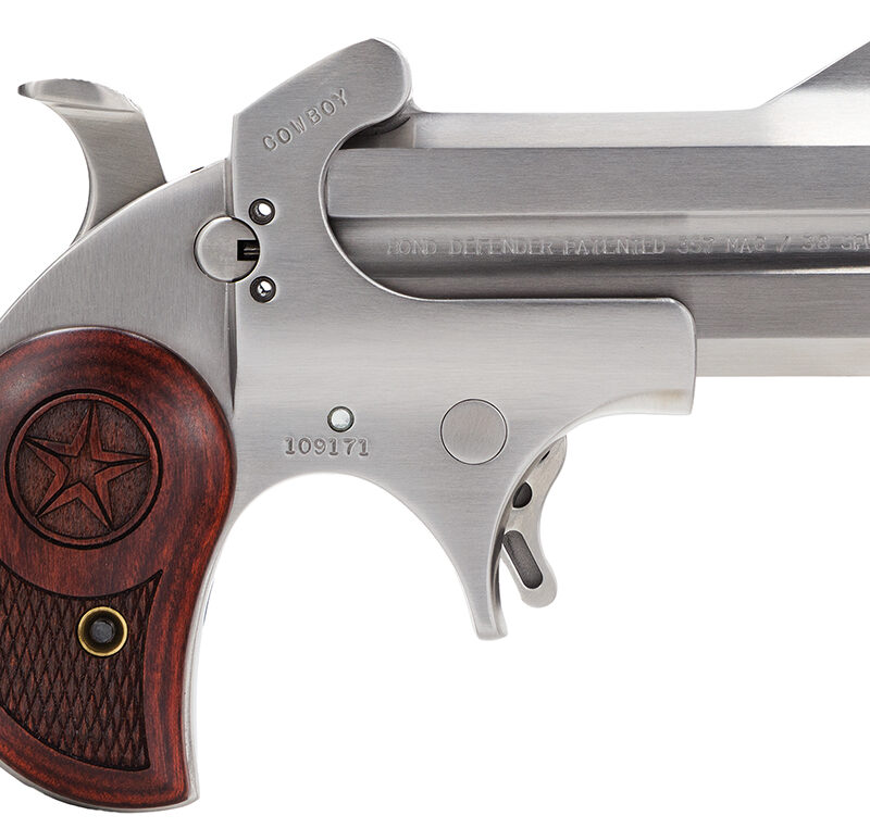 Bond Arms BACD Cowboy Defender 357 Mag/38 Sp 2rd 3" Barrel, Stainless Metal Finish, Blade Front/Fixed Rear Sights, Laminated Rosewood Grip, No Trigger Guard, Manual Safety
