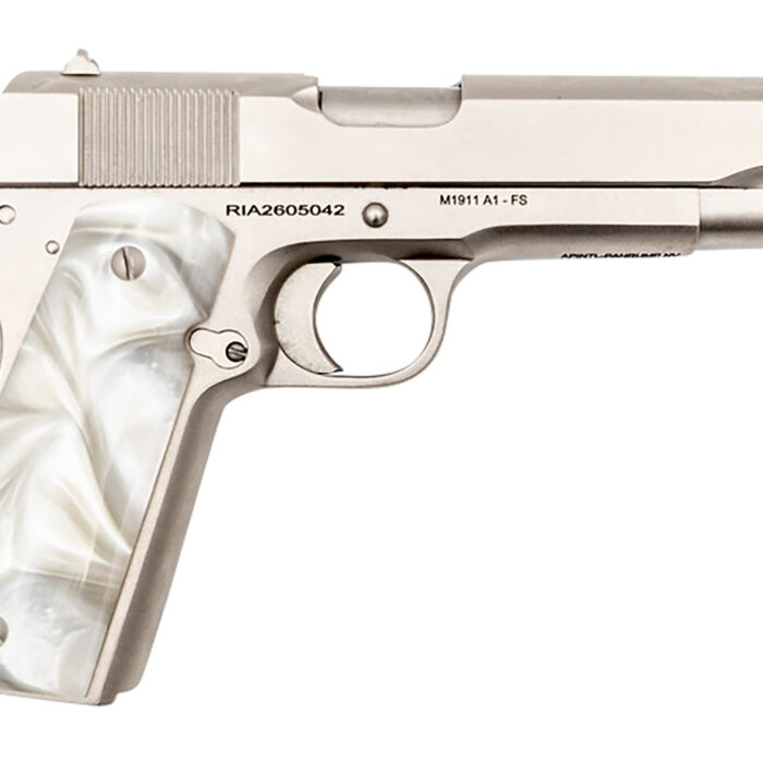 Rock Island 56418 GI Standard FS *CA Compliant 45 ACP Caliber with 5" Barrel, 8+1 Capacity, Overall Matte Nickel Finish Steel, Beavertail Frame, Serrated Slide & Mother of Pearl Grip