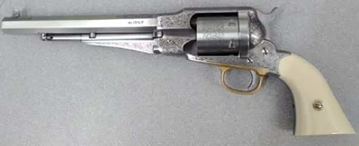 Taylors & Company 550763 1858 Remington Conversion 45 Colt (LC) Caliber with 8" Barrel, 6rd Capacity Cylinder, Overall Nickel-Plated Engraved Finish Steel & 2-Piece Ivory Grip
