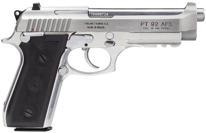 Taurus 192015917 92  Full Size Frame 9mm Luger 17+1 5" Matte Stainless Steel Barrel,  Serrated Stainless Steel Slide & Frame w/Beavertail & Picatinny Rail, Black Polymer Grip, Right Hand