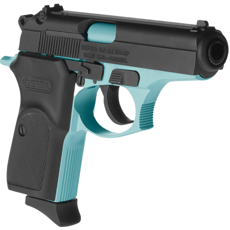 Bersa T380BLM8 Thunder  Micro-Compact Frame 380 ACP 8+1, 3.50" Robin Egg Blue Cerakote Steel Barrel, Matte Black Serrated Steel Slide, Robin Egg Blue Cerakote Aluminum Frame