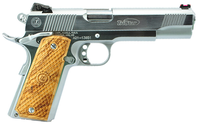 TriStar 85635 American Classic Trophy 1911 45 ACP 8+1, 5" Stainless Steel Barrel, Chrome Serrated Steel Slide, Chrome Steel Frame w/Beavertail, Wood Grip