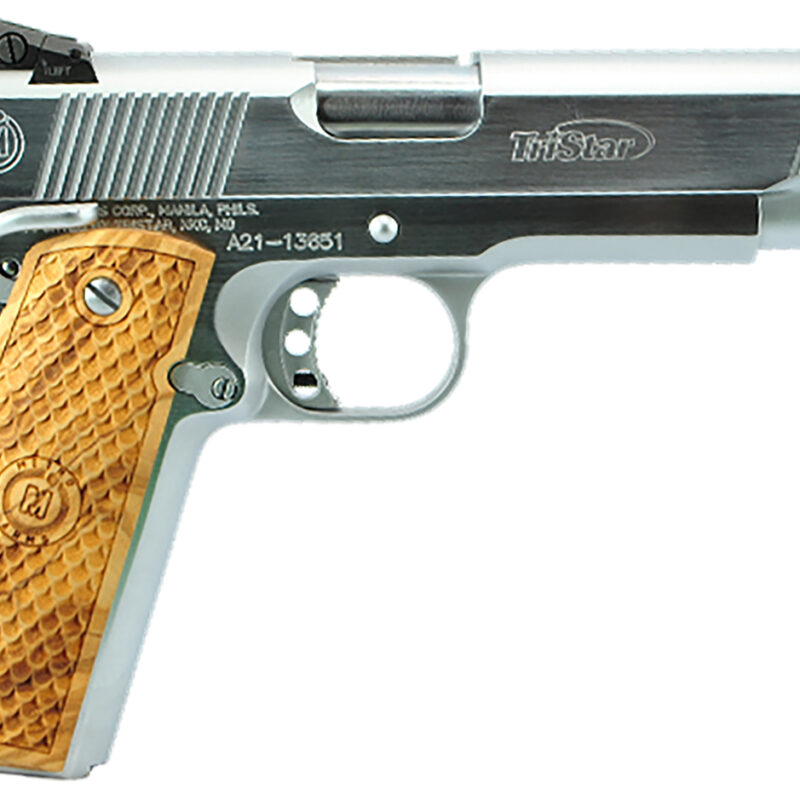 TriStar 85635 American Classic Trophy 1911 45 ACP 8+1, 5" Stainless Steel Barrel, Chrome Serrated Steel Slide, Chrome Steel Frame w/Beavertail, Wood Grip