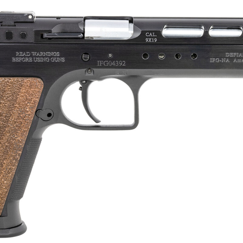 Tanfoglio IFG TFGOLDM9 Gold Match  9mm Luger Caliber with 6" Barrel, 16+1 Capacity, Overall Matte Black Finish Steel Beavertail Frame, Ported Slide & Wood Grip