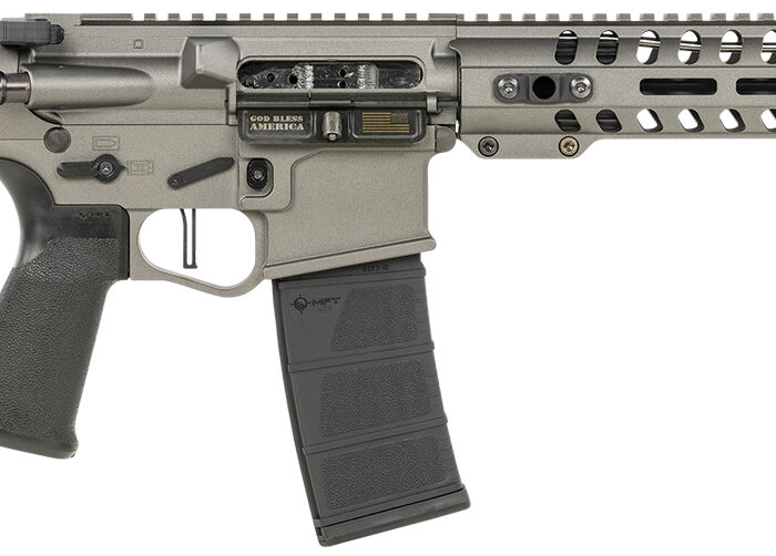 Patriot Ordnance Factory 01802 Minuteman Direct Impingement 5.56x45mm NATO Caliber with 10.50" Barrel, 30+1 Capacity, Tungsten Metal Finish, Buffer Tube Stock & Black MFT Grip Right Hand