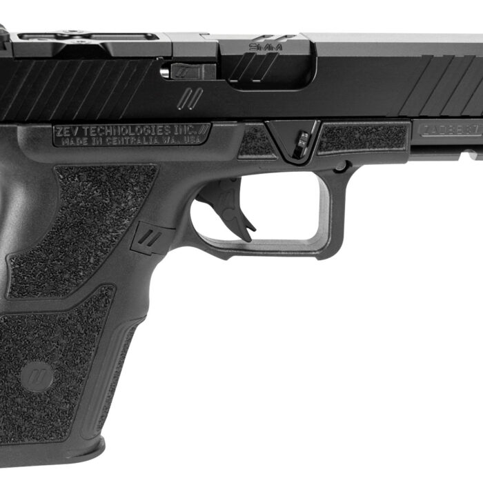 ZEV OZ9SDUTYSS OZ9 Duty Standard 9mm Luger 15+1 4.50", Black, Serrated Stainless Steel Slide with Optic Cut, Polymer Frame with Picatinny Rail, Fiber Optic Combat Sights