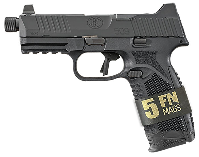 FN 66101650 509T Bundle Full Size Frame 9mm Luger 10+1 4.50" Black Steel Threaded Barrel, Black Optic Ready/Serrated Stainless Steel Slide, Black Polymer Frame w/Picatinny Rail 5 Magazines/Case