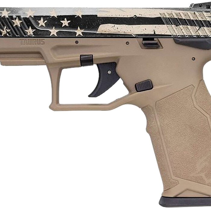 Taurus 1TX2214110USD TX22  Full Size Frame 22 LR 10+1 4.10" Black Steel Threaded Barrel, Black Distressed US Flag Cerakote Serrated Slide, FDE w/Black Controls Polymer Frame w/Picatinny Rail