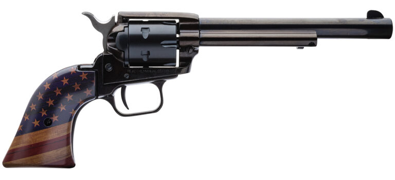 Heritage Mfg RR22B6GOLDUSA Rough Rider  22 LR 6 Shot, 6.50" Black Oxide Steel Barrel, Black Oxide Zinc Alloy Frame, Black Oxide Cylinder, Gold USA Flag Grip, Exposed Hammer