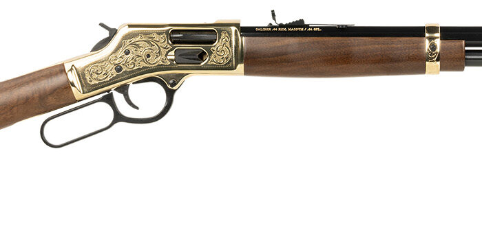 Henry H006GD Side Gate Deluxe 44 Mag/44 Special 10+1 20" Blued Octagon Barrel, Engraved Polished Brass Rec, Semi-Fancy American Walnut Stock, Adj. Sight