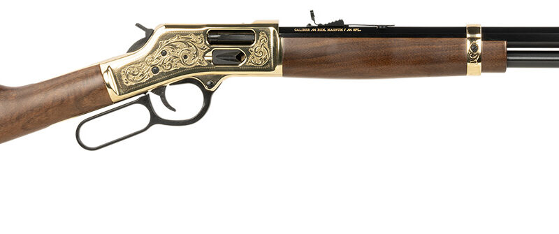 Henry H006GD Side Gate Deluxe 44 Mag/44 Special 10+1 20" Blued Octagon Barrel, Engraved Polished Brass Rec, Semi-Fancy American Walnut Stock, Adj. Sight