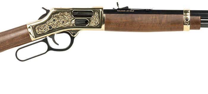 Henry H006GCD Deluxe Side Gate  Full Size 45 Colt (Long Colt) 10+1 20" Blued Octagon Barrel, Polished Brass Engraved Receiver, Drilled & Tapped, Fixed American Walnut Stock Ambidextrous