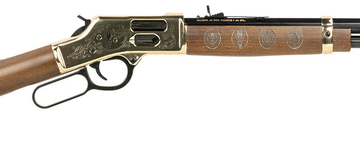 Henry H006GES Golden Boy Eagle Scout Tribute Edition 44 Mag/44 Special 10+1 20" Blued Octagon Barrel, Engraved Polished Brass Rec & American Walnut Furniture, Side Loading Gate, Adj. Sight