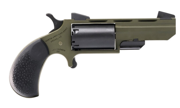 North American Arms TGHM Huntsman  22 Mag 5 Shot 2", OD Green Frame/Barrel, Black Cylinder, Camo Grips, Fixed Marble Arms Sights, Includes Black Leather Holster