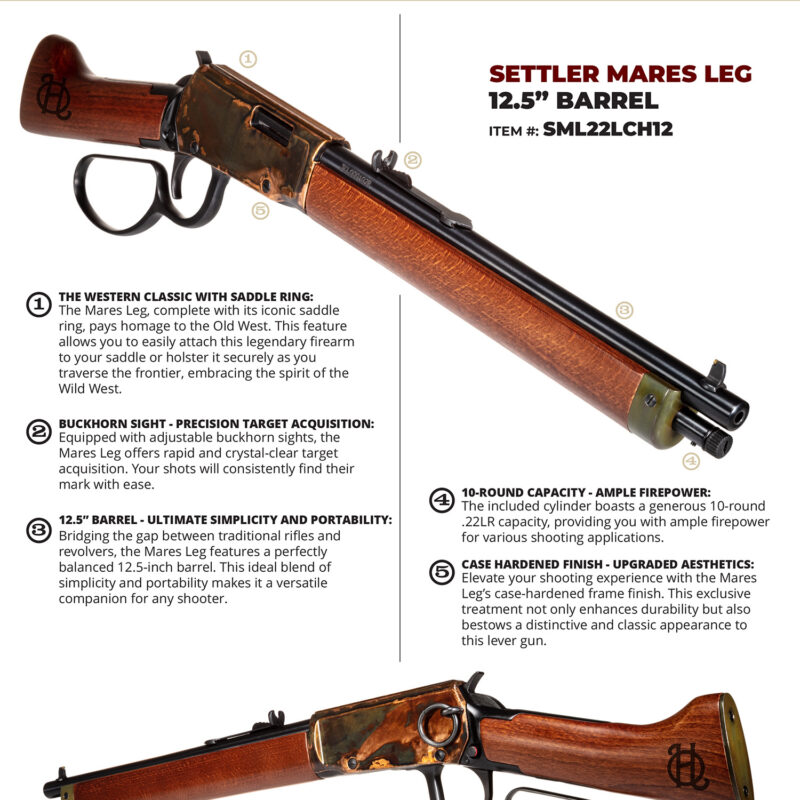 Heritage Mfg SML22LCH12 Settler Mare's Leg 22 LR 10+1 12" Black Oxide Barrel, Color Case Hardened Rec, Light Stained Walnut Furniture, Buckhorn Sights