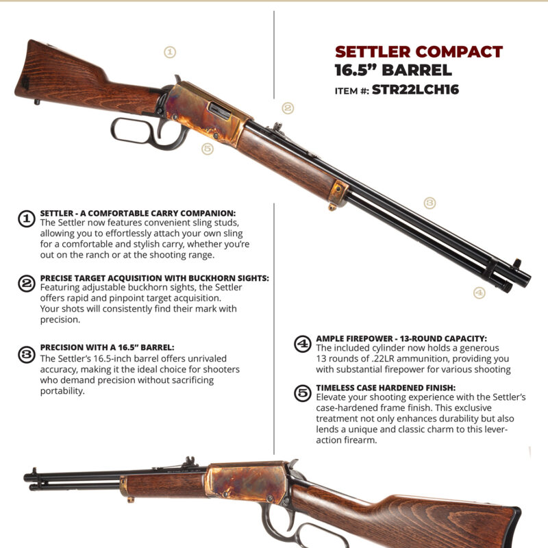 Heritage Mfg STR22LCH16 Settler Compact 22 LR 13+1 16.50" Black Oxide Barrel, Color Case Hardened Rec, Light Stained Walnut Furniture, Buckhorn Sights