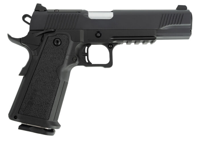 Tisas 12500002 1911 Duty DS 9mm Luger 17+1, 5" Black Steel Barrel, Black Serrated Steel Slide, Black Cerakote Steel Frame w/Beavertail & Picatinny Rail, Black Overmolded Grip, Ambidextrous