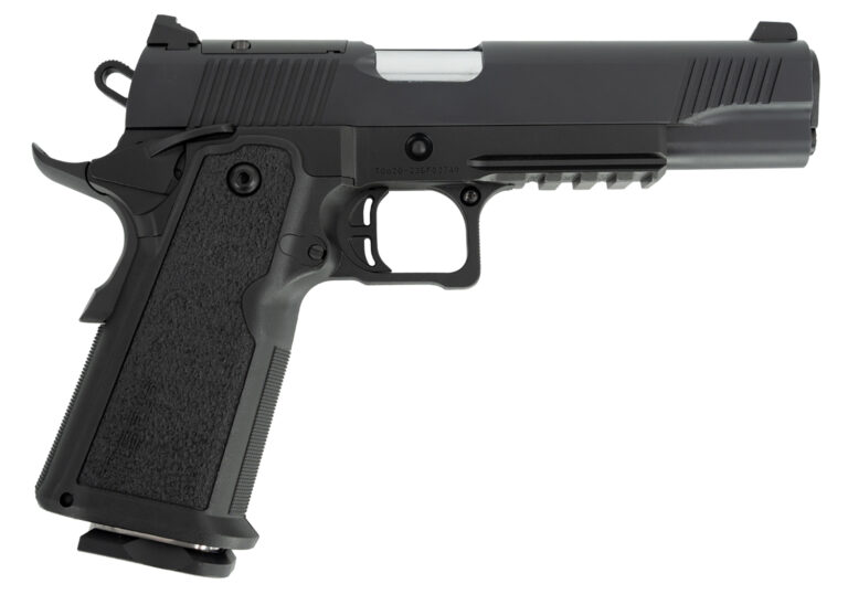 Tisas 12500002 1911 Duty DS 9mm Luger 17+1, 5" Black Steel Barrel, Black Serrated Steel Slide, Black Cerakote Steel Frame w/Beavertail & Picatinny Rail, Black Overmolded Grip, Ambidextrous