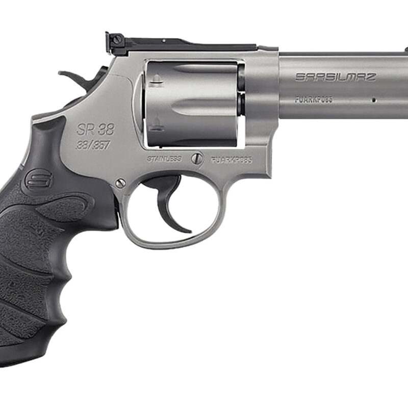 SAR USA SARSR38ST4 SAR SR  357 Mag/38 Special 6 Shot 4" Stainless Steel Barrel & Cylinder, Stainless Steel Frame, Black Finger Grooved Grip, Drop Safety/Hammer Block Safety, Exposed Hammer