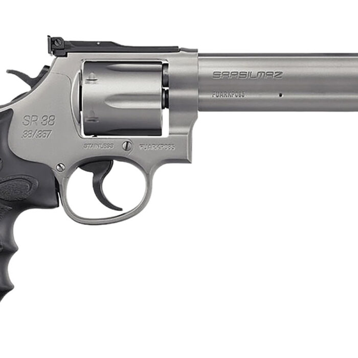 SAR USA SARSR38ST6 SAR SR  38 Special/357 Mag 6 Shot, 6" Stainless Steel Barrel, Cylinder & Frame w/Black Finger Groove Grip, Drop Safety/Hammer Block Safety, Exposed Hammer
