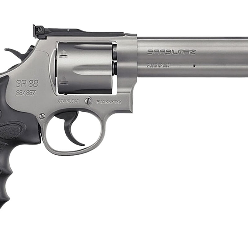 SAR USA SARSR38ST6 SAR SR  38 Special/357 Mag 6 Shot, 6" Stainless Steel Barrel, Cylinder & Frame w/Black Finger Groove Grip, Drop Safety/Hammer Block Safety, Exposed Hammer