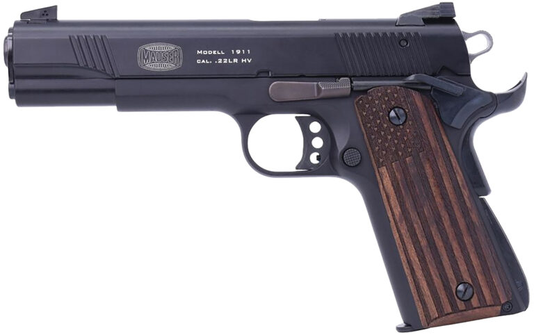 Mauser Rimfire 4110608 1911  22 LR 10+1 5" Black Steel Barrel, Black Serrated Aluminum Slide, Black Aluminum Frame w/Beavertail, Molded Wood Flag Grip, Ambidextrous
