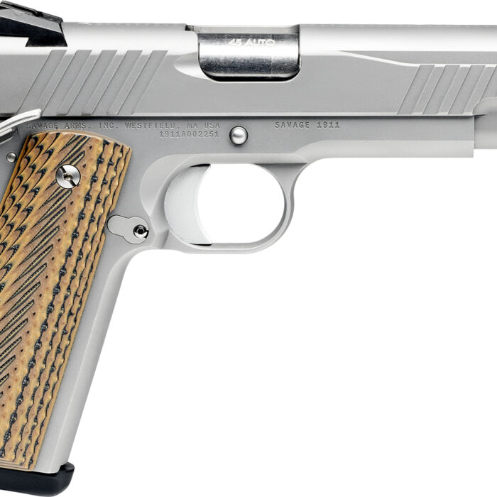 Savage Arms 67205 1911 Government 9mm Luger 10+1 5" Stainless Steel Barrel, Serrated Stainless Steel Slide, Stainless Steel Frame w/Beavertail, Brown VZ Grip