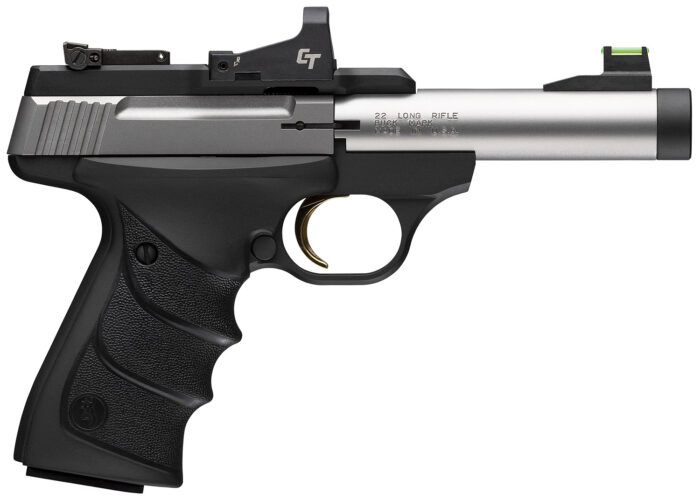 Browning 051595490 Buck Mark Micro Bull SR w/Optic 22 LR 10+1 4" Matte Stainless Threaded Bull Barrel, Optic Ready/Serrated Slide, Matte Black Aluminum Frame w/Picatinny Rail, Crimson Trace Red Dot