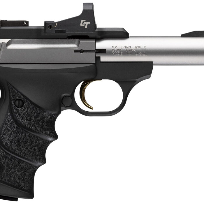 Browning 051595490 Buck Mark Micro Bull SR w/Optic 22 LR 10+1 4" Matte Stainless Threaded Bull Barrel, Optic Ready/Serrated Slide, Matte Black Aluminum Frame w/Picatinny Rail, Crimson Trace Red Dot