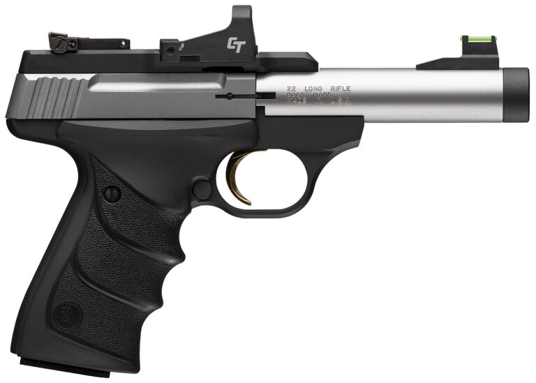 Browning 051595490 Buck Mark Micro Bull SR w/Optic 22 LR 10+1 4" Matte Stainless Threaded Bull Barrel, Optic Ready/Serrated Slide, Matte Black Aluminum Frame w/Picatinny Rail, Crimson Trace Red Dot