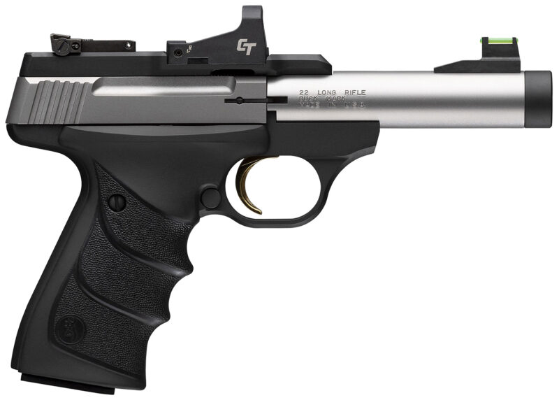 Browning 051595490 Buck Mark Micro Bull SR w/Optic 22 LR 10+1 4" Matte Stainless Threaded Bull Barrel, Optic Ready/Serrated Slide, Matte Black Aluminum Frame w/Picatinny Rail, Crimson Trace Red Dot