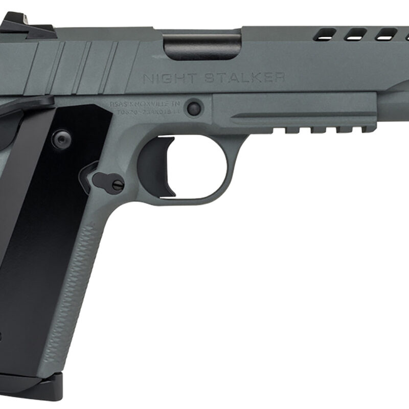 Tisas 10100538 1911 Night Stalker Full Size 9mm Auto 9+1 5" Steel Barrel, Ported/Serrated Steel Slide, Platinum Grey Cerakote Steel Frame w/Beavertail & Picatinny Rail, Ambidextrous