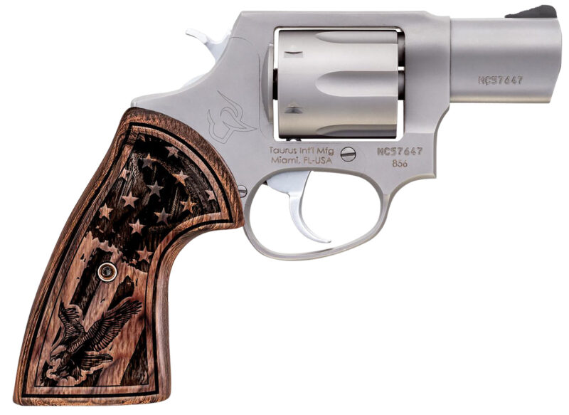 Taurus 285629US1 856  Small Frame 38 Special +P 6rd 2" Matte Stainless Steel Barrel, Cylinder & Frame, Engraved USA Flag Walnut Grip, Transfer Bar Safety