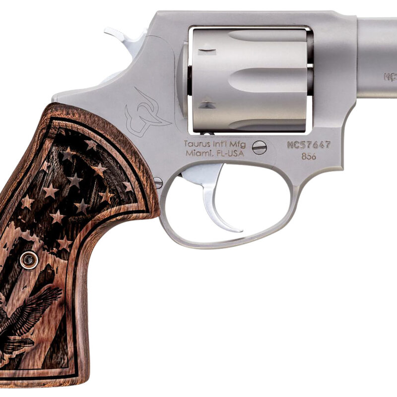 Taurus 285629US1 856  Small Frame 38 Special +P 6rd 2" Matte Stainless Steel Barrel, Cylinder & Frame, Engraved USA Flag Walnut Grip, Transfer Bar Safety