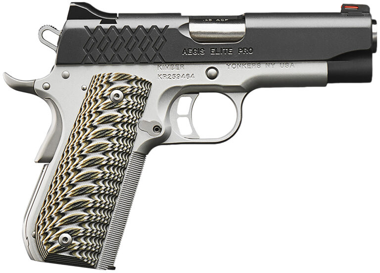 Kimber Mfg, Inc 3000349 Aegis Elite Pro 45 ACP 8+1 4" Stainless Match Grade Barrel, KimPro II Serrated Stainless Steel Slide, Satin Silver Stainless Steel Frame w/Beavertail, G10 Grip