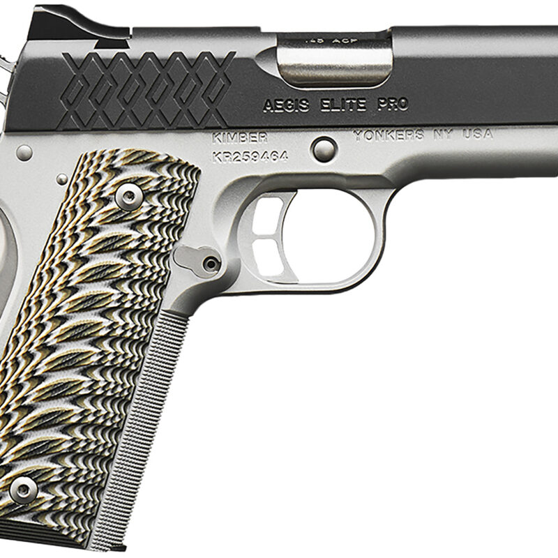 Kimber Mfg, Inc 3000349 Aegis Elite Pro 45 ACP 8+1 4" Stainless Match Grade Barrel, KimPro II Serrated Stainless Steel Slide, Satin Silver Stainless Steel Frame w/Beavertail, G10 Grip
