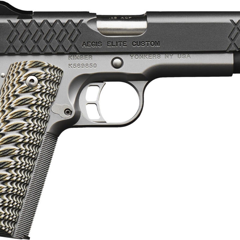 Kimber Mfg, Inc 3000351 Aegis Elite Custom 45 ACP 8+1 5" Stainless Match Grade Barrel, KimPro II Black Serrated Stainless Steel Slide, Satin Silver Stainless Steel Frame w/Beavertail, G10 Grip