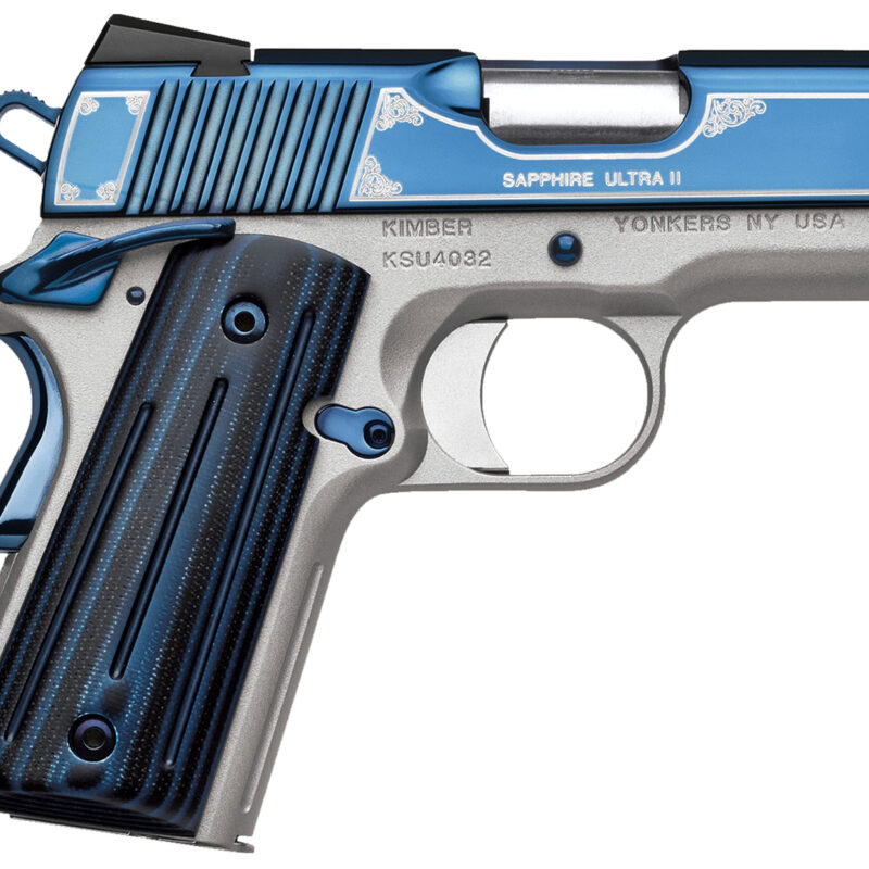 Kimber Mfg, Inc 3200273 Ultra II  9mm Luger 8+1 3" Stainless Match Grade Barrel, Engraved Sapphire Blue PVD Serrated Stainless Steel Slide, Satin Silver Aluminum Frame w/Beavertail, G10 Grip