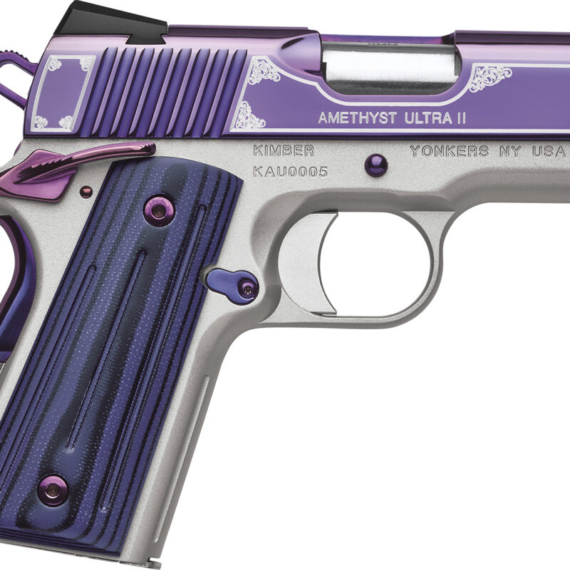 Kimber Mfg, Inc 3200319 Ultra II  9mm Luger 8+1 3" Stainless Match Grade Barrel, Engraved Purple Amethyst PVD Serrated Stainless Steel Slide, Satin Silver Aluminum Frame w/Beavertail, G10 Grip