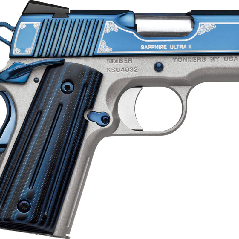 Kimber Mfg, Inc 3200362 Ultra II  45 ACP 7+1 3" Stainless Match Grade Barrel, Engraved Sapphire Blue PVD Serrated Stainless Steel Slide, Satin Silver Aluminum Frame w/Beavertail, G10 Grip