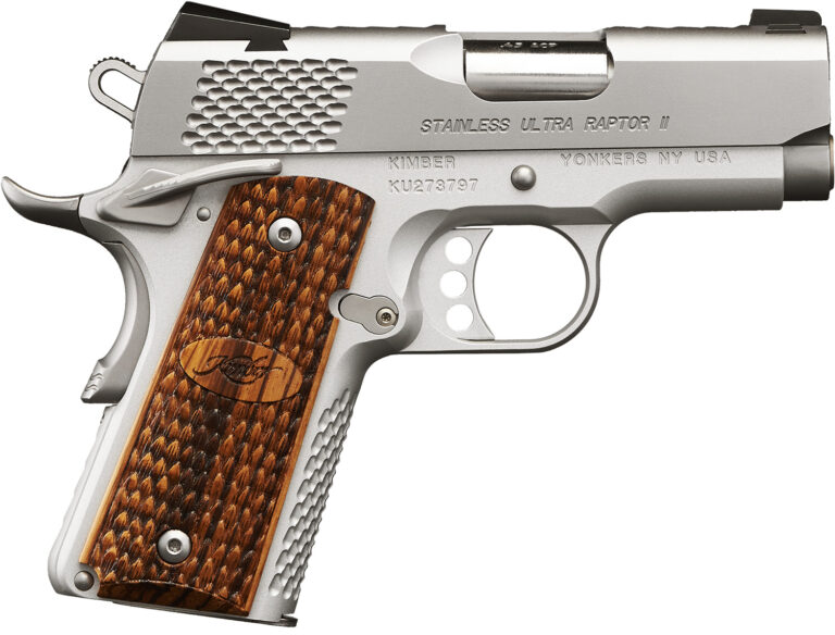 Kimber Mfg, Inc 3200374 Raptor II Ultra 9mm Luger 8+1 3" Stainless Match Grade Barrel, Satin Silver Serrated Stainless Steel Slide, Matte Silver Aluminum Frame w/Beavertail, Zebrawood Grip