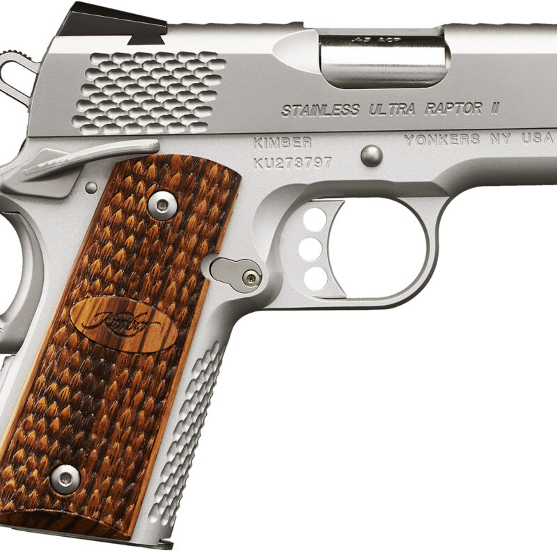 Kimber Mfg, Inc 3200374 Raptor II Ultra 9mm Luger 8+1 3" Stainless Match Grade Barrel, Satin Silver Serrated Stainless Steel Slide, Matte Silver Aluminum Frame w/Beavertail, Zebrawood Grip