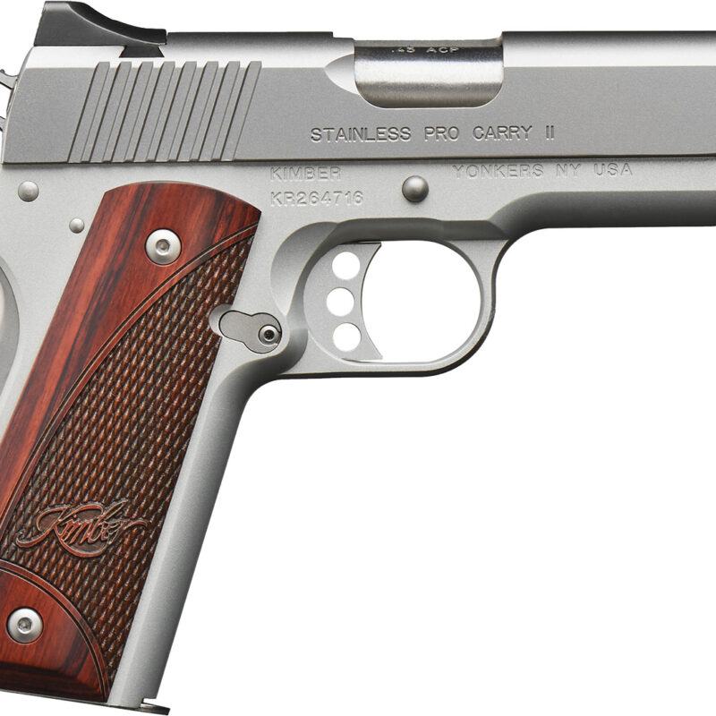 Kimber Mfg, Inc 3200324 Pro Carry II  45 ACP 7+1 4" Match Grade  Stainless Steel Barrel, Satin Silver Serrated Stainless Steel Slide, Satin Silver Aluminum Frame w/Beavertail, Rosewood Grip