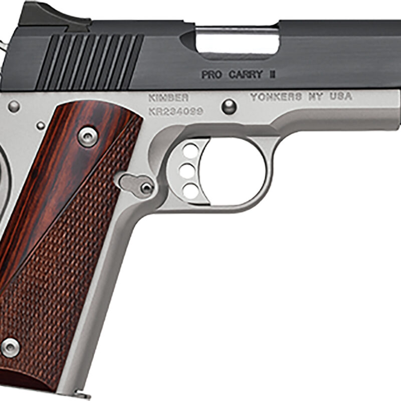 Kimber Mfg, Inc 3200320 Pro Carry II  45 ACP 7+1 4" Stainless Match Grade Barrel, Matte Black Brushed Serrated Steel Slide, Satin Silver Aluminum Frame w/Beavertail, Rosewood Grip